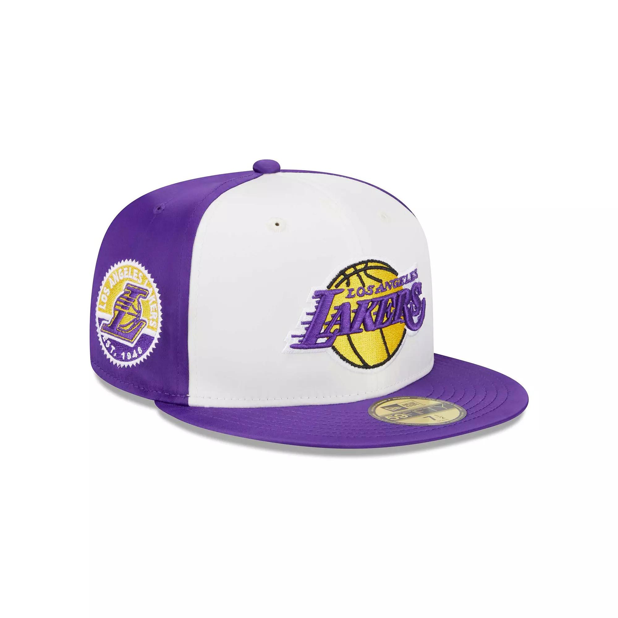 Men's New Era  White Los Angeles Lakers Throwback Satin 59FIFTY Fitted Hat, Size: 7 3/4 Product Image