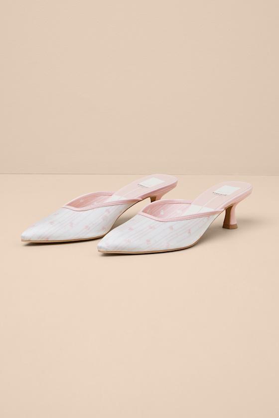 Cleo Pink Floral Satin Pointed-Toe Kitten Heel Pumps Product Image