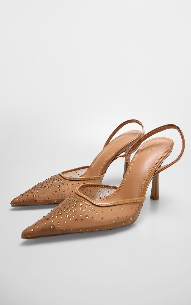 Camel Mesh Diamante High Stiletto Sling Back Court Heels Product Image