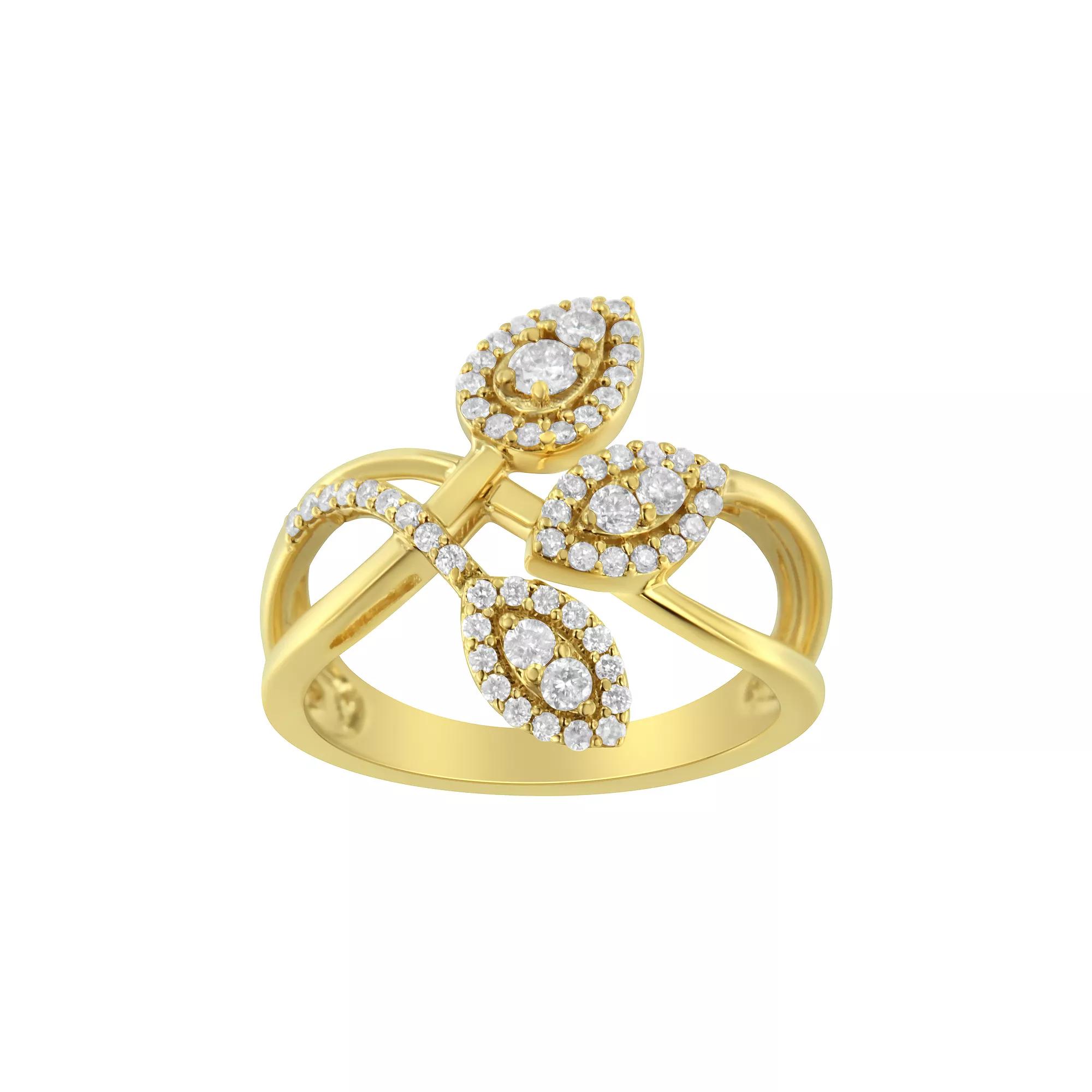 Haus of Brilliance 10k Gold 1/2 Carat T.W. Round Diamond Layered Triple Leaf Bypass Ring, Women's, Size: 6 Product Image