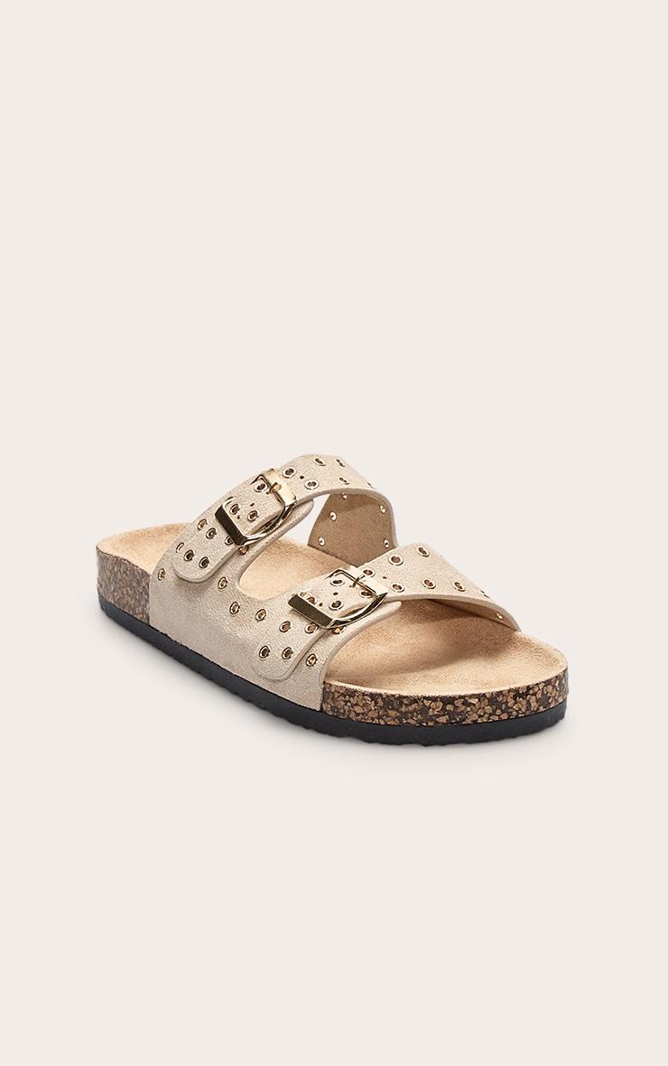 Beige Faux Suede Double Buckle Eyelet Footbed Sandals Product Image