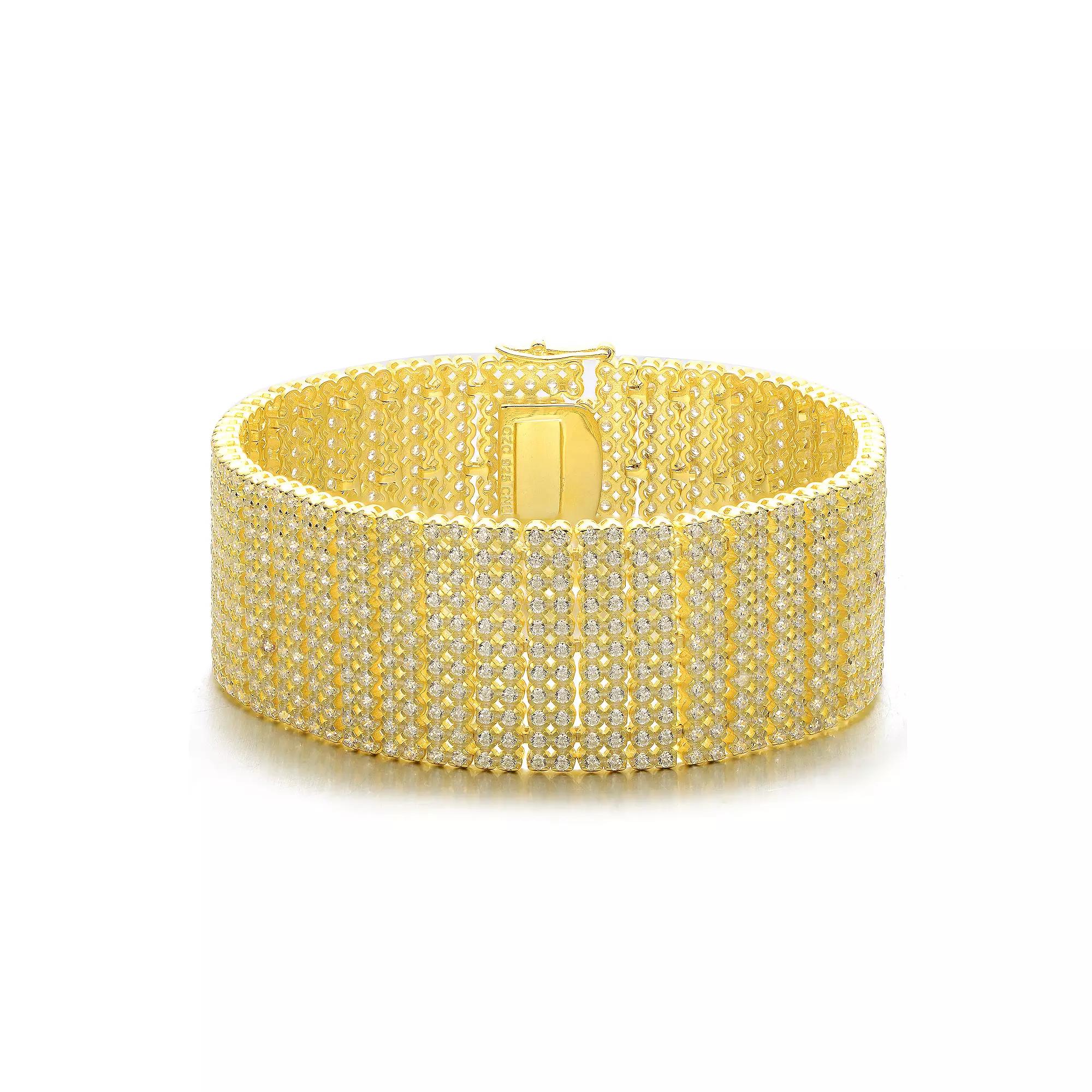 Sterling Silver 14k Gold-Plated Cubic Zirconia Wide Mesh Cuff Bracelet, Womens Gold Tone Product Image