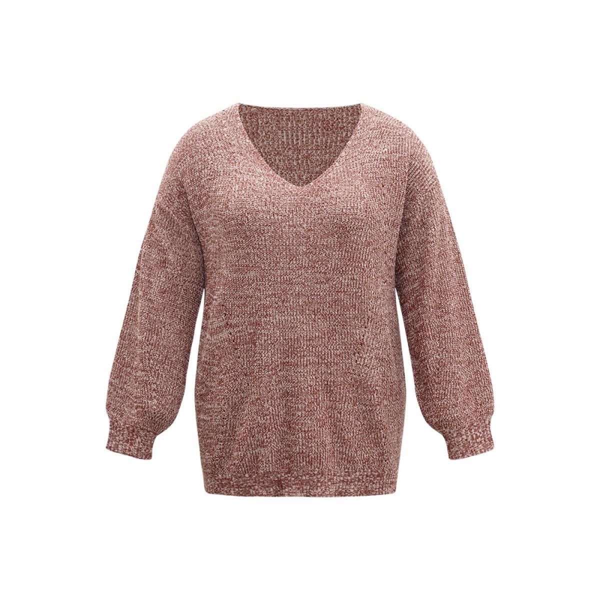 Plus Size Elastic Hem Lantern Sleeve V Neck Pullover Rust Women Casual Loose Long Sleeve V-neck Dailywear Pullovers BloomChic 28/5X Product Image