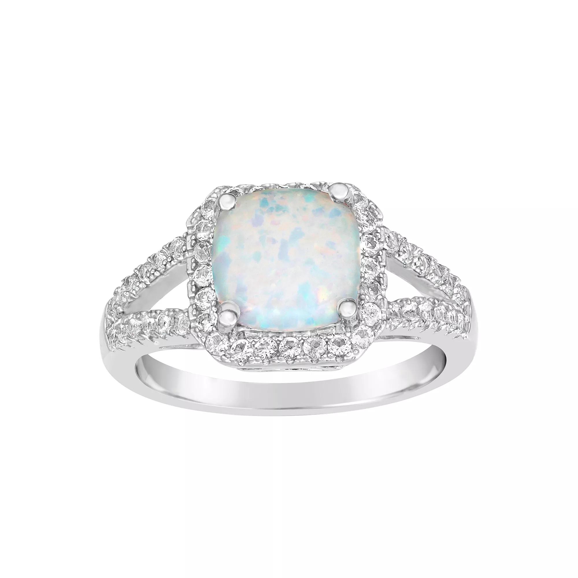 Gemminded Sterling Silver Lab-Created Opal & White Topaz Halo Ring, Women's,  Product Image