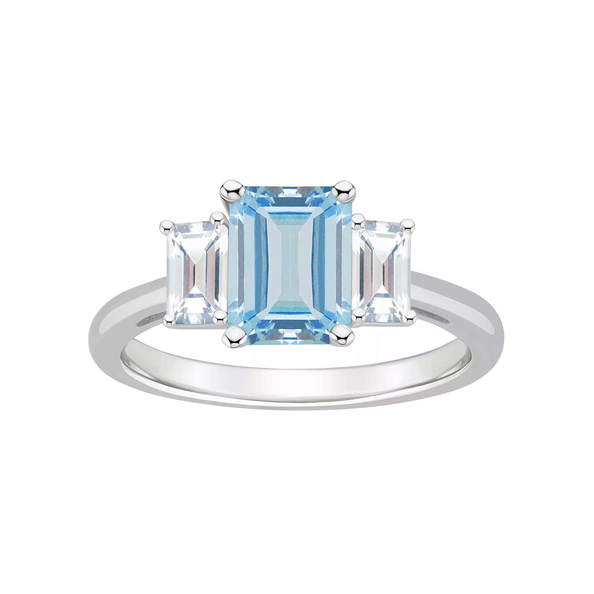 Alyson Layne Sterling Silver 8 mm x 6 mm Emerald Cut Gemstone & White Topaz Three-Stone Ring, Women's, Blue Topaz Product Image