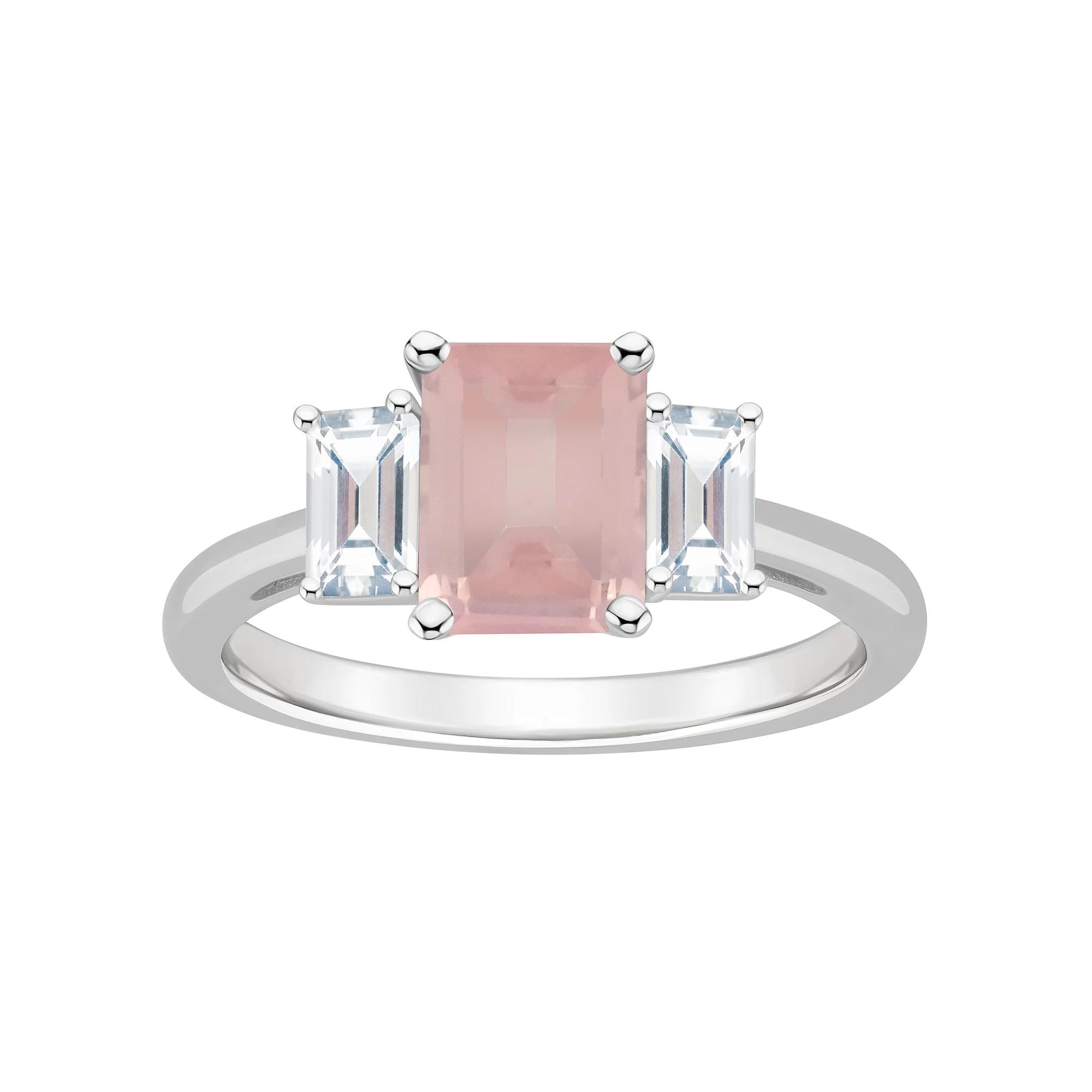 Alyson Layne Sterling Silver 8 mm x 6 mm Emerald Cut Gemstone & White Topaz Three-Stone Ring, Women's, Pink Quartz Product Image