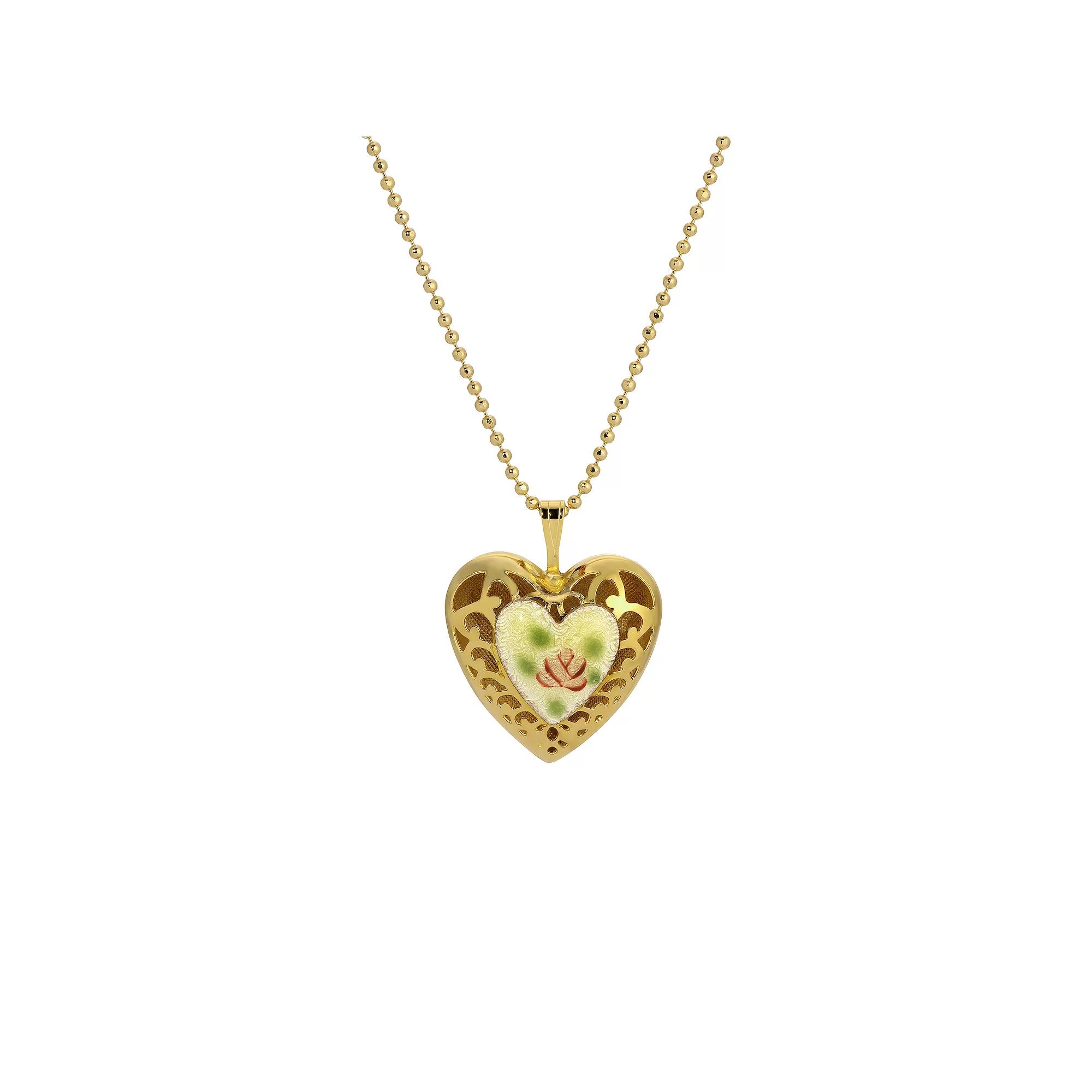 1928 Enamel Floral Heart Pendant Necklace, Womens, White Product Image