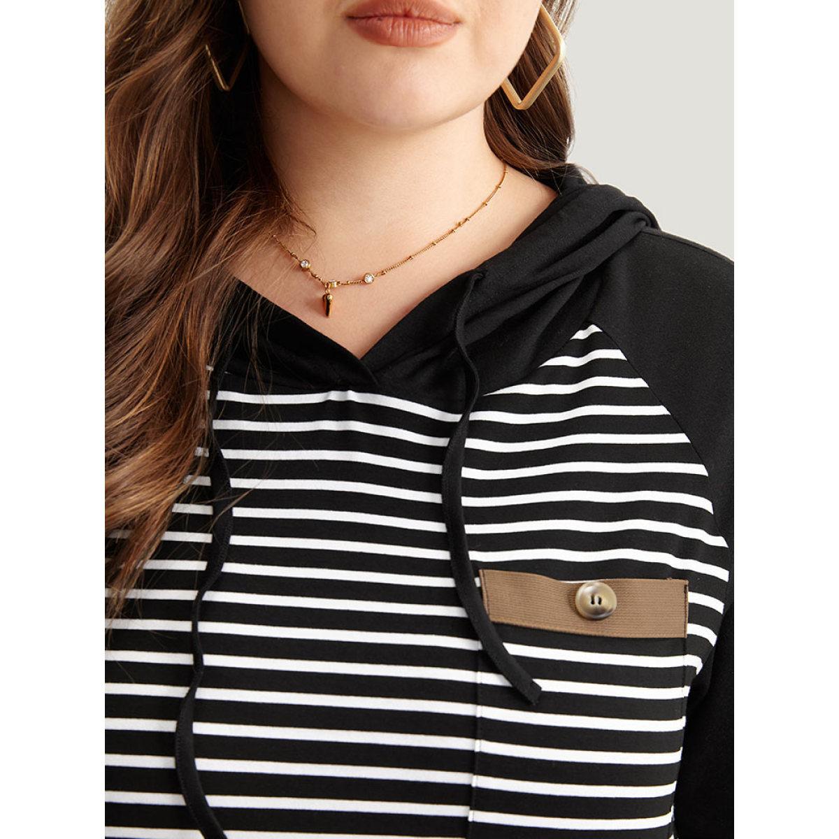 Plus Size Striped Patched Pocket Button Detail T-shirt Black Women Casual Patchwork Striped Hooded Dailywear T-shirts BloomChic 30/6X Product Image