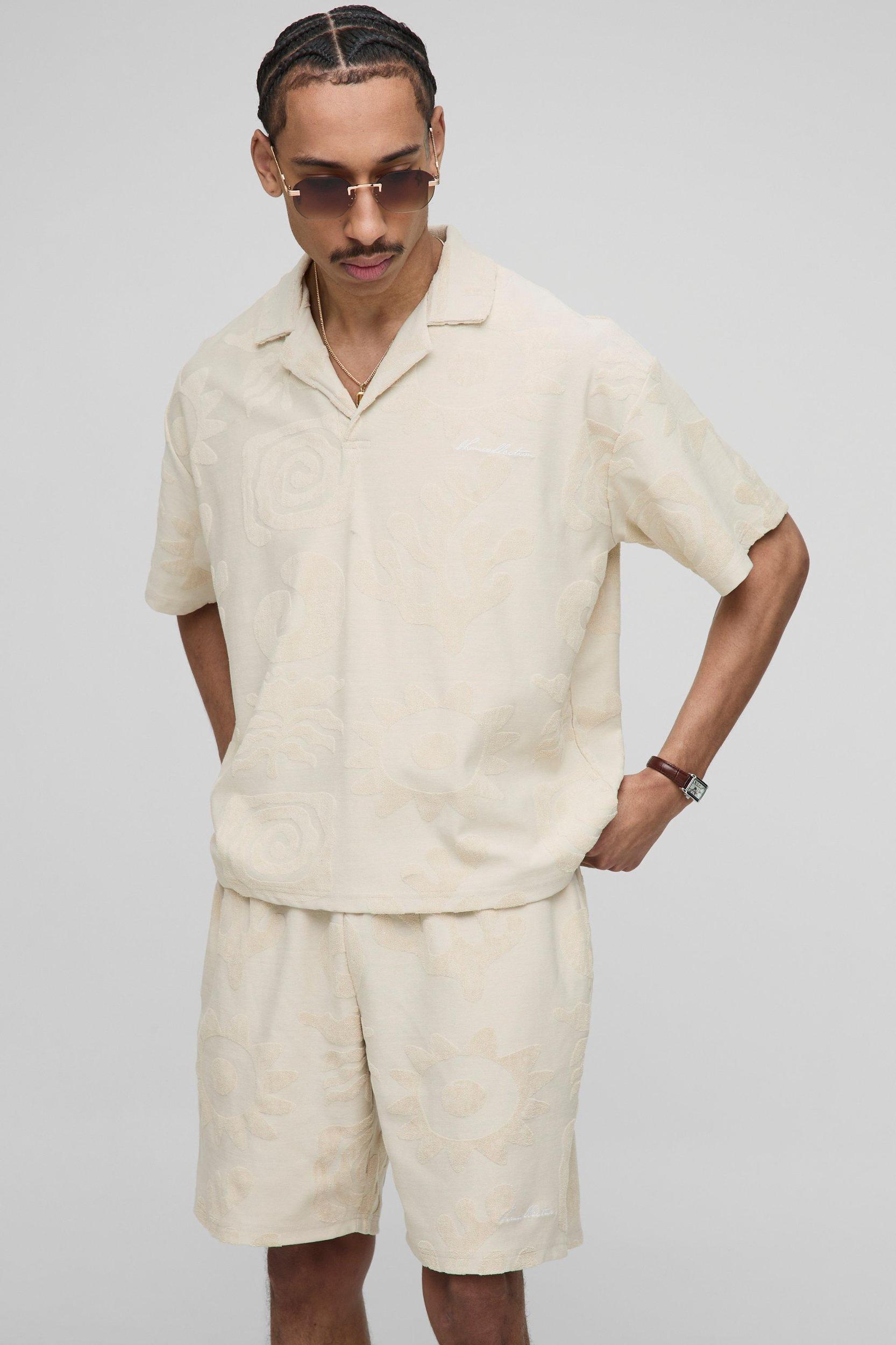 Oversized Boxy Jacquard Towelling Polo & Short Set | boohooMAN USA Product Image