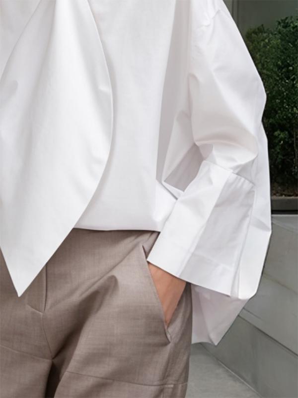 Long Sleeves Loose Solid Color Tied Stand Collar Blouses&Shirts Tops Product Image