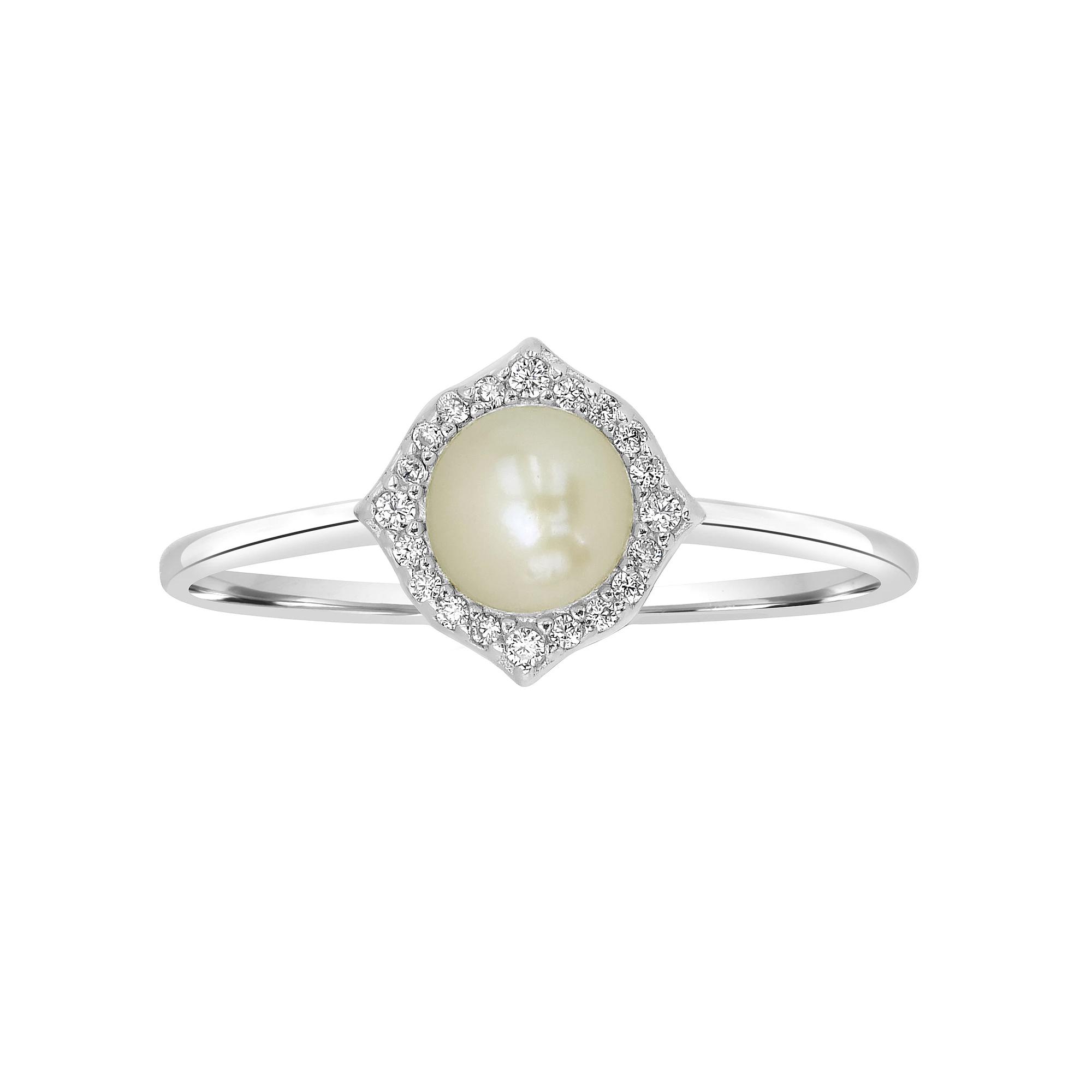 Gemistry Sterling Silver Freshwater Cultured Pearl & Cubic Zirconia Fancy Border Ring, Women's, Size: 6 Product Image