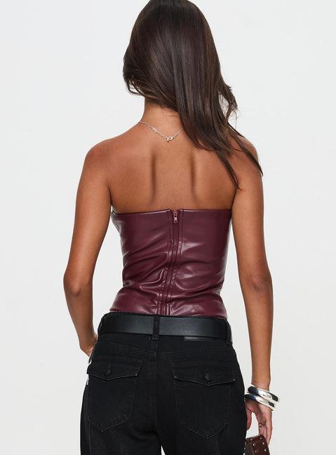 Oaklee Strapless Faux Leather Top Burgundy Product Image