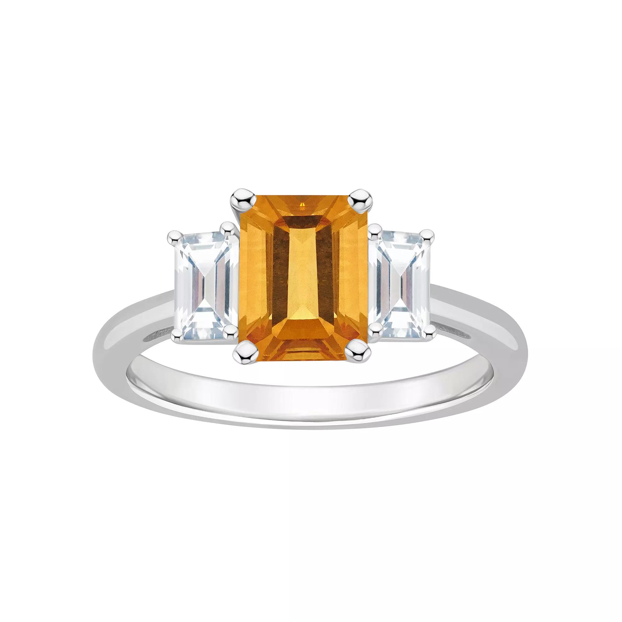 Alyson Layne Sterling Silver 8 mm x 6 mm Emerald Cut Gemstone & White Topaz Three-Stone Ring, Women's, Size: 9, Citrine Product Image