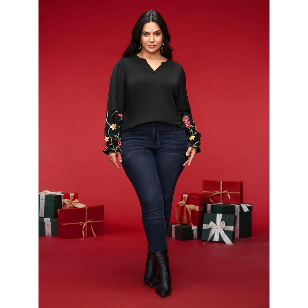 Plus Size Black Mesh Floral Embroidered Sleeve Blouse Women Elegant Long Sleeve Notched collar Everyday Blouses BloomChic 12/L Product Image