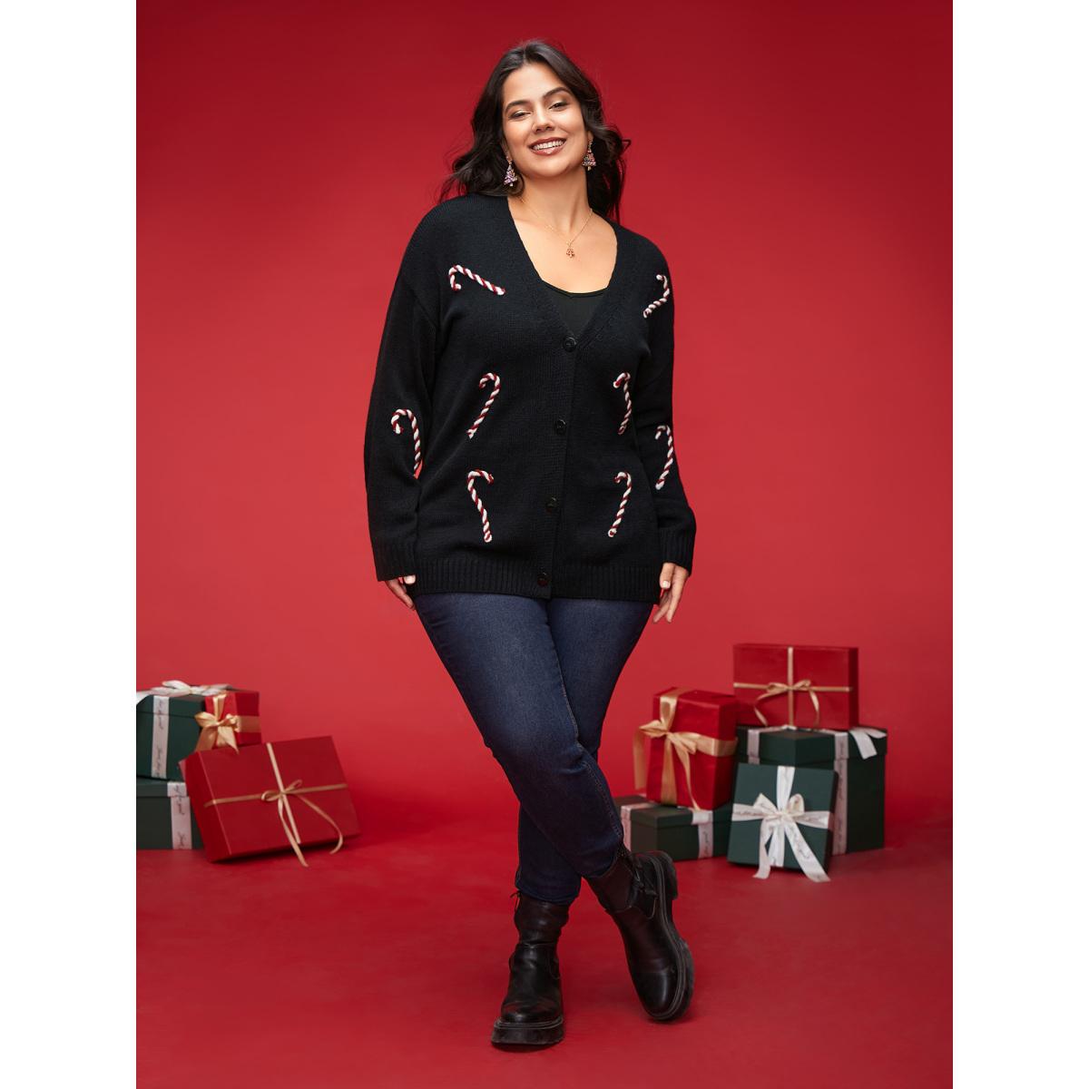 Plus Size Hand Crocheted Candy Cane V-neck Cardigan Black Women Casual Loose Long Sleeve Everyday Cardigans BloomChic 28/5X Product Image