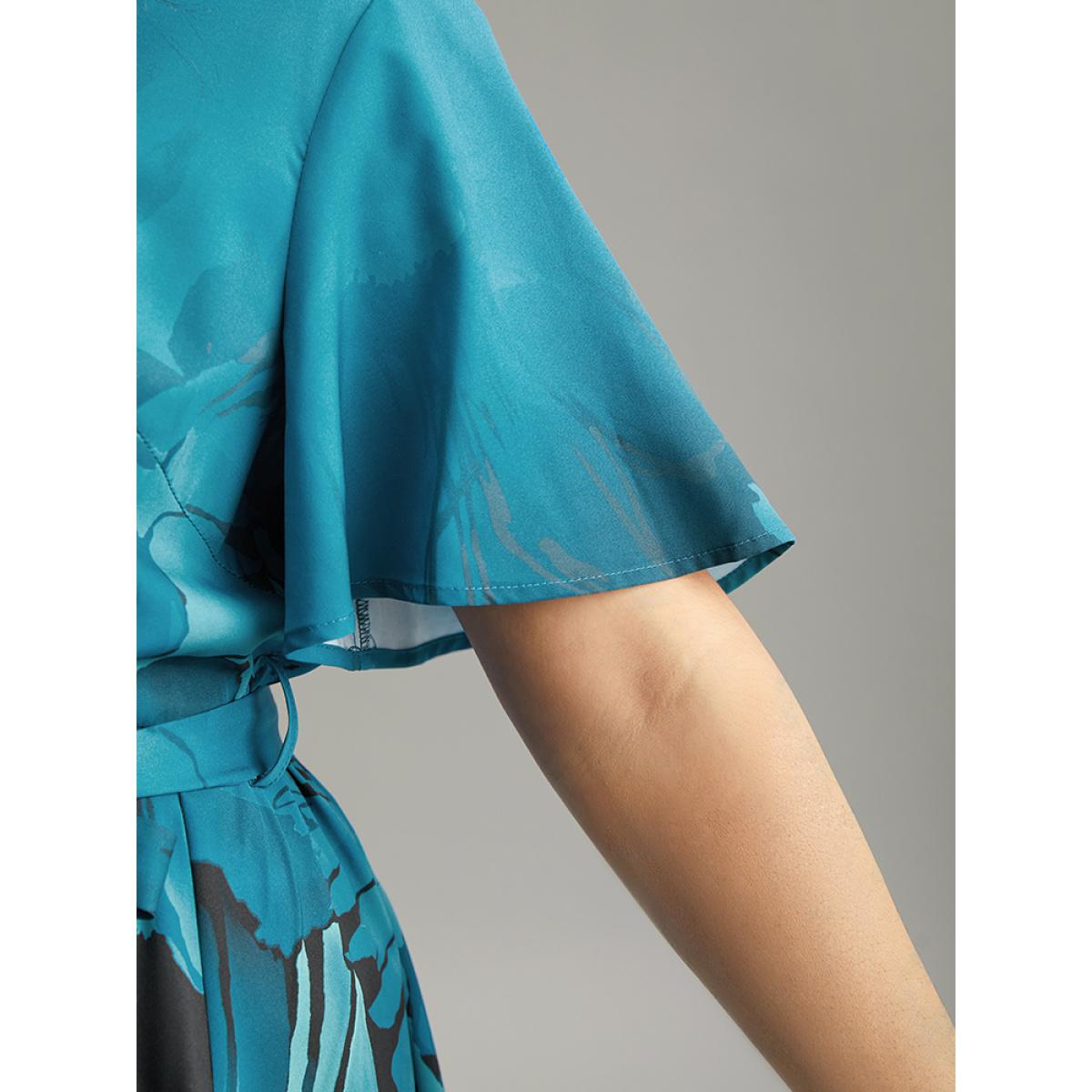 Plus Size Aegean Boho Print Wrap Ruffle Sleeve Blouse Women Elegant Short sleeve V-neck Dailywear Blouses BloomChic 12/L Product Image