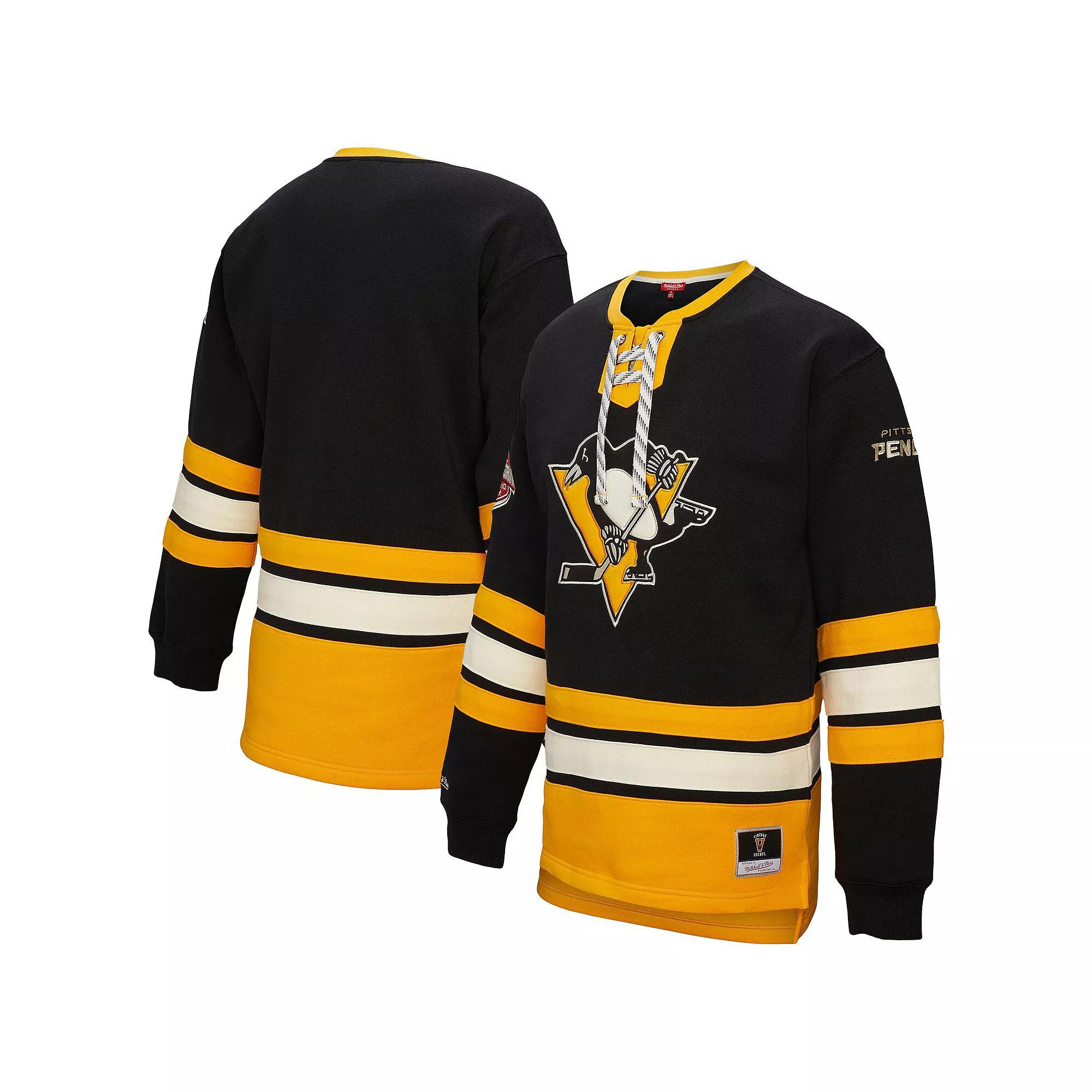 Women's Mitchell & Ness Black Pittsburgh Penguins Heritage Lace-Up Pullover Sweatshirt, Size: Large Product Image