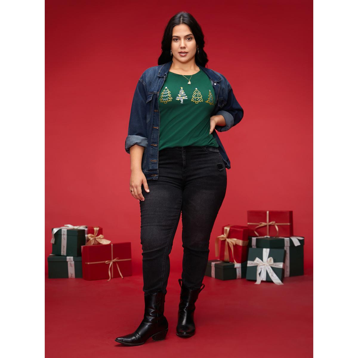Plus Size Shimmering Trees Half Sleeves Slim-Fit Tee DarkGreen Women Leisure Non Christmas Round Neck Casual T-shirts BloomChic 10/M Product Image