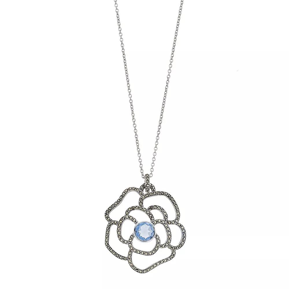 Lavish by TJM Sterling Silver Lab-Created Blue Quartz & Marcasite Rose Pendant, Women's, Size: 18" Product Image