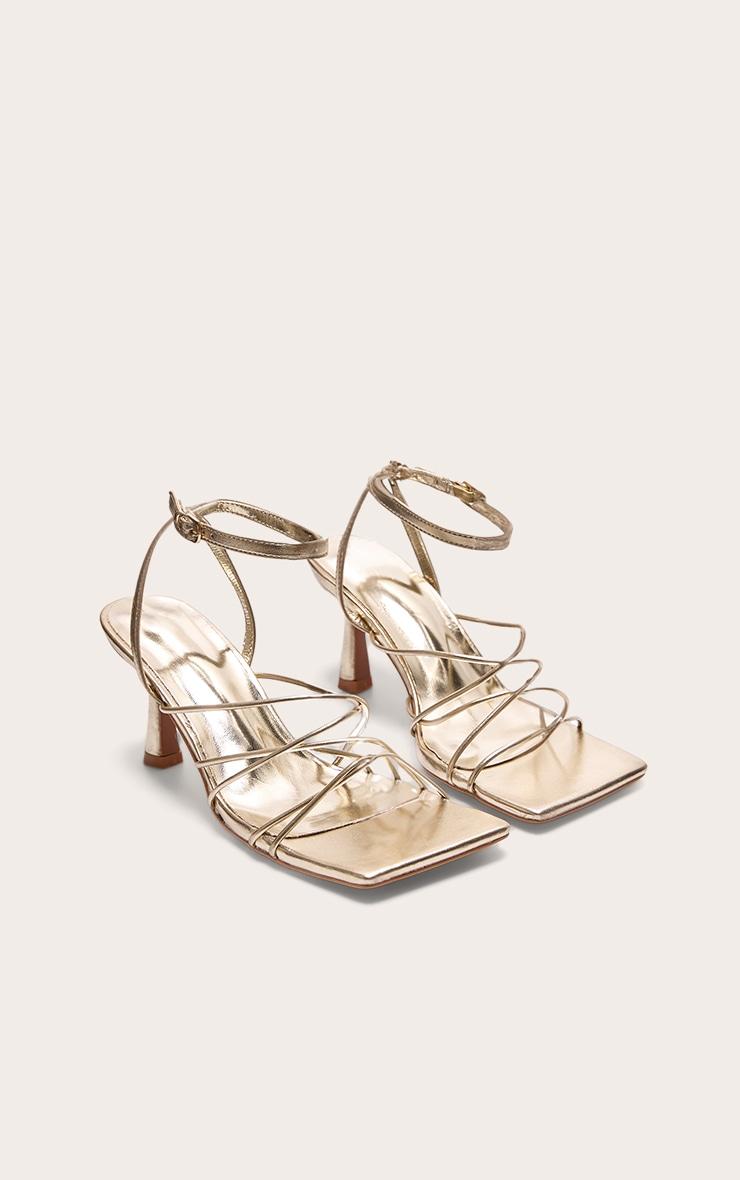 Gold PU Metallic Square Toe Cross Over Strappy Mid Heeled Sandals Product Image