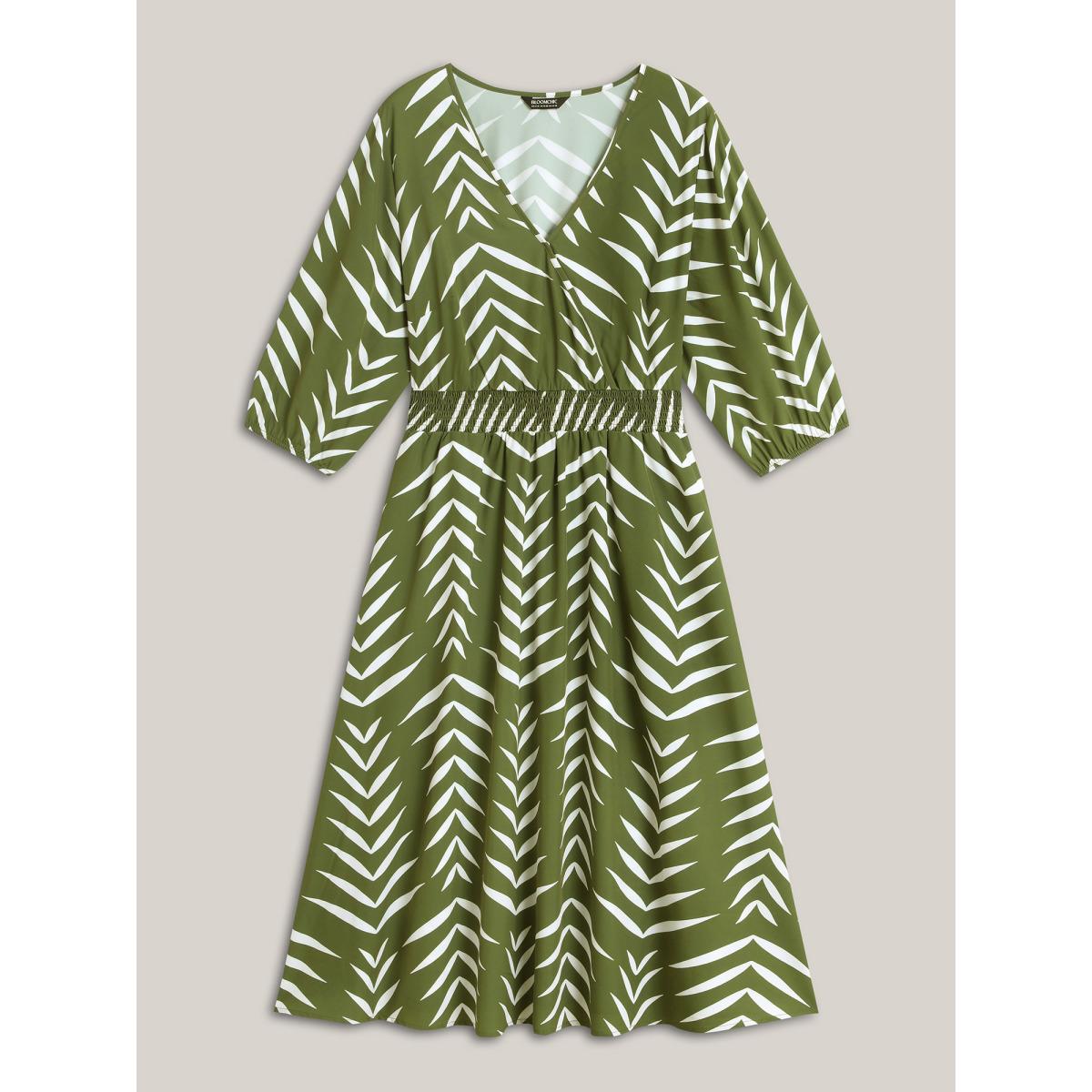 Plus Size Tree Print Wrap Shirred Pockets Midi Dress Olive Women Shirred Overlap Collar Elbow-length sleeve Curvy BloomChic 10/M Product Image