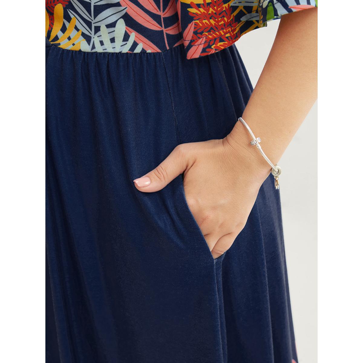 Plus Size Plant Print Surplice Neck Pocket Ruffles Midi Dress Indigo Women Vacation Elastic Waist V-neck Half Sleeve Curvy Long Dress BloomChic 18-20/2X Product Image