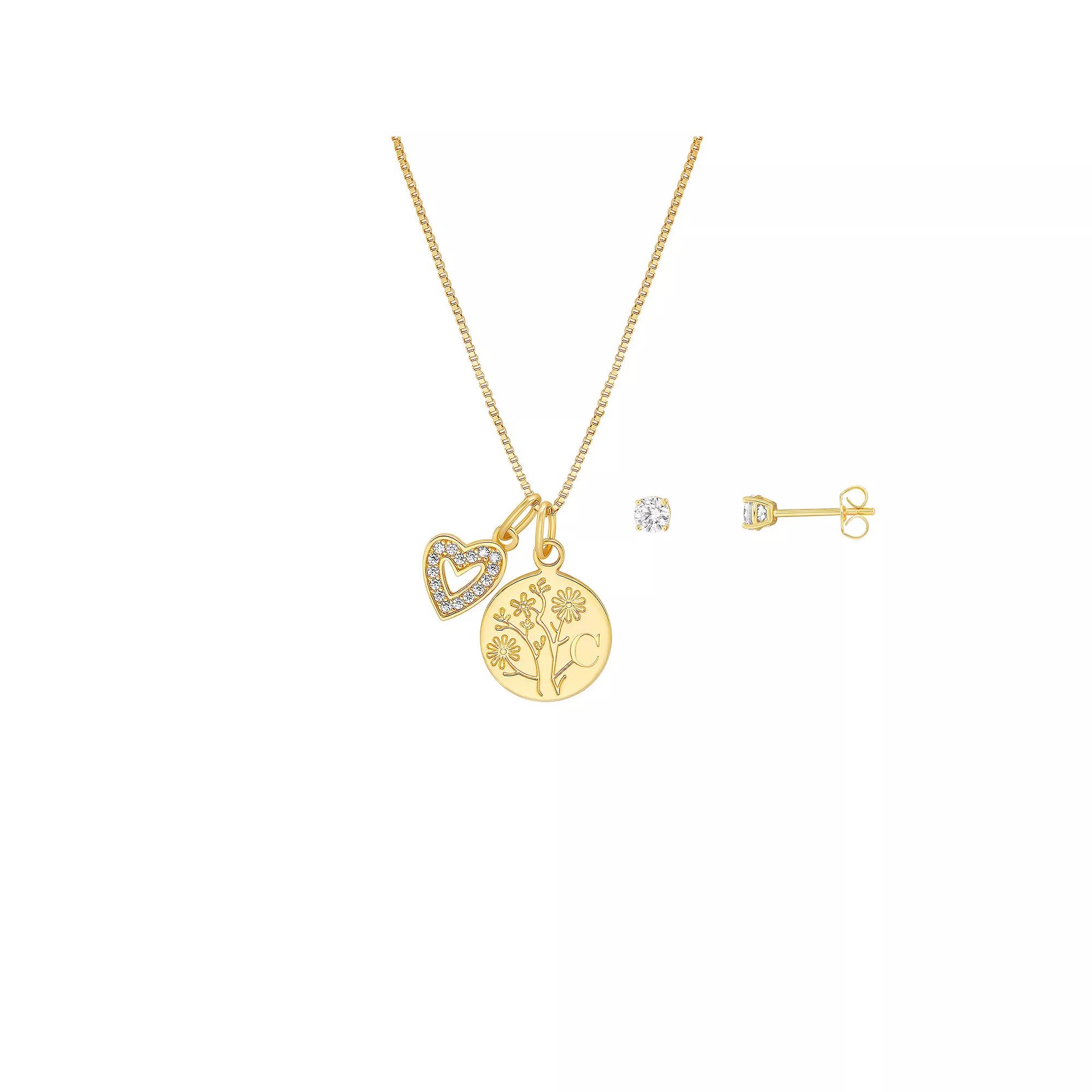 Brilliance Flash Plated Cubic Zirconia Stud Earrings and Initial Pendant Necklace Set, Women's, Size: 18", Yellow Gold Tone C Product Image