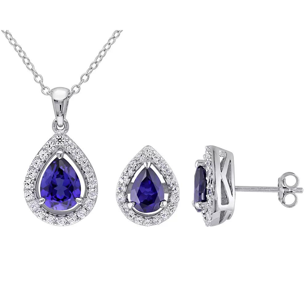 Stella Grace Sterling Silver Lab Created Sapphire Teardrop Pendant & Stud Earring Set, Women's, Size: 18" Product Image