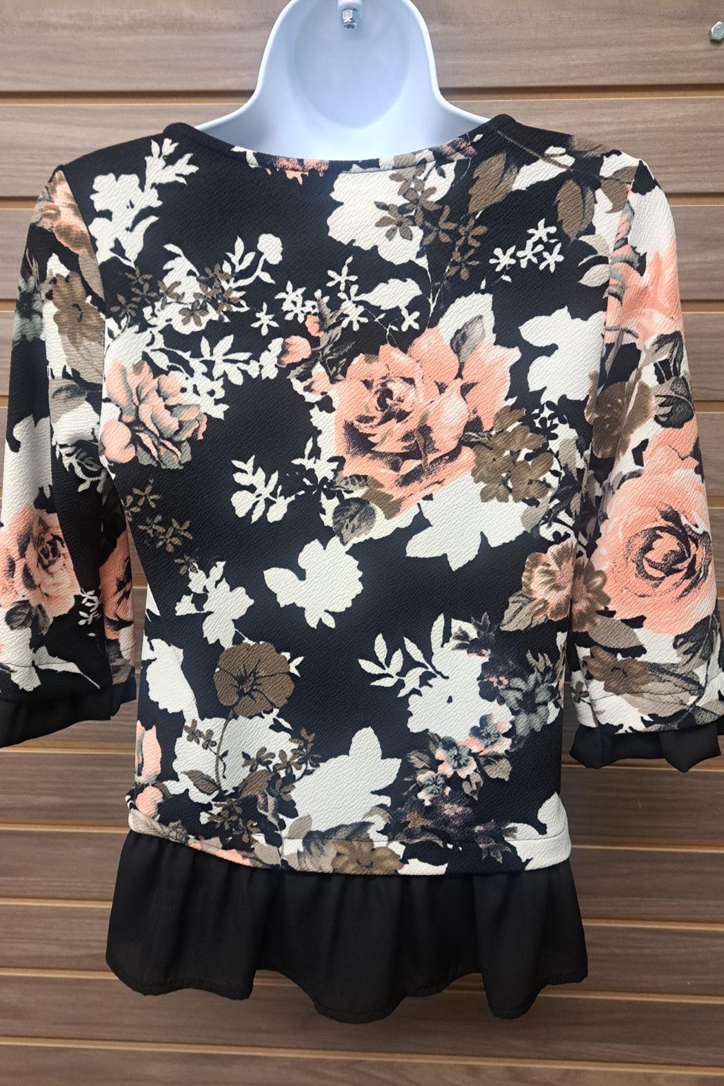 Blk floral 3/4 sleeve ruffle bottom Product Image