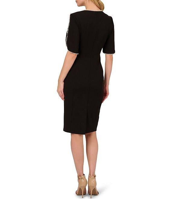 Adrianna Papell Stretch Crepe Crew Neck Short Sleeve Pearl Trim Knee Length Sheath Dress Product Image