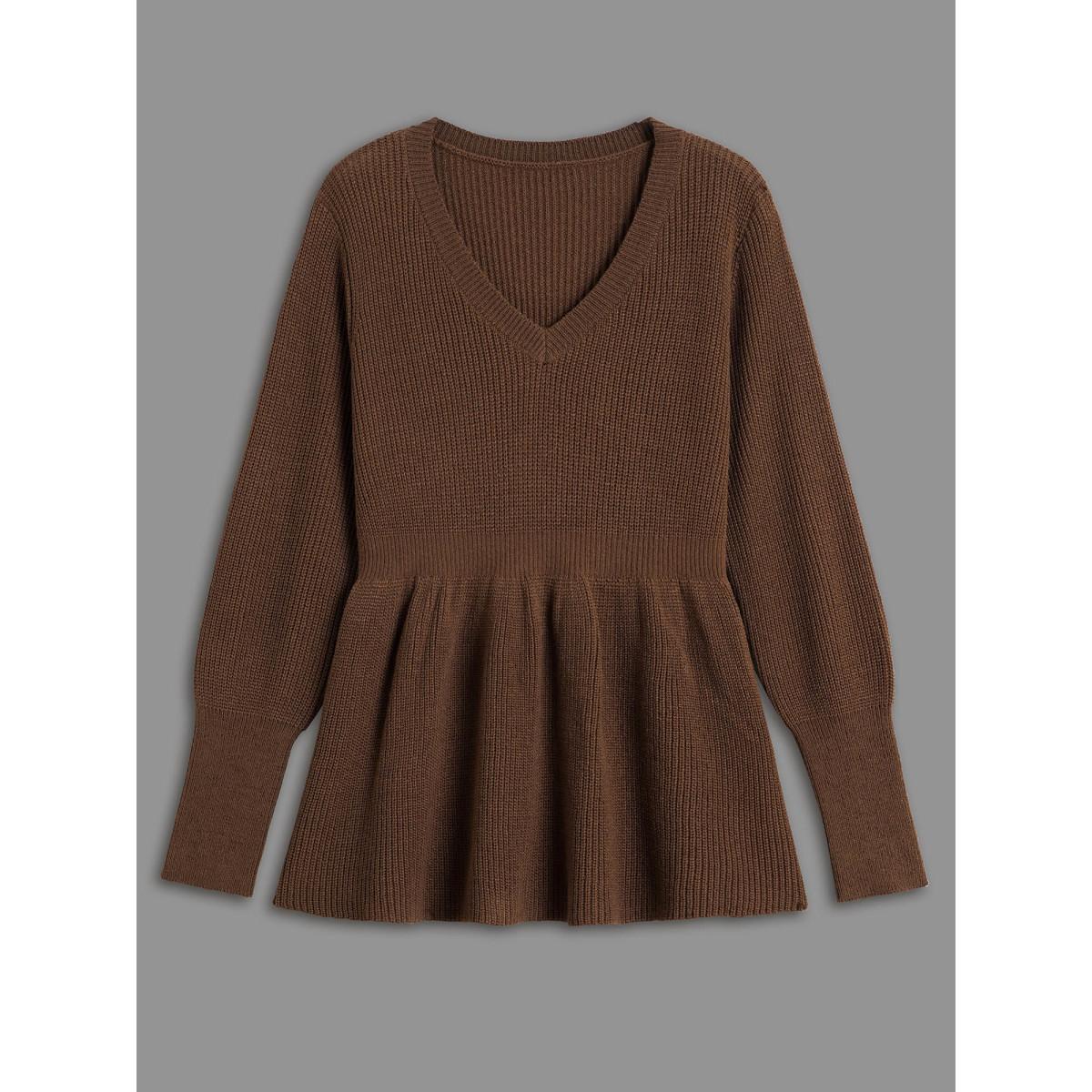 Plus Size Plain V Neck Lantern Sleeve Pullover Browncoffeecolor Women Casual Loose Long Sleeve V-neck Everyday Pullovers BloomChic 18-20/2X Product Image