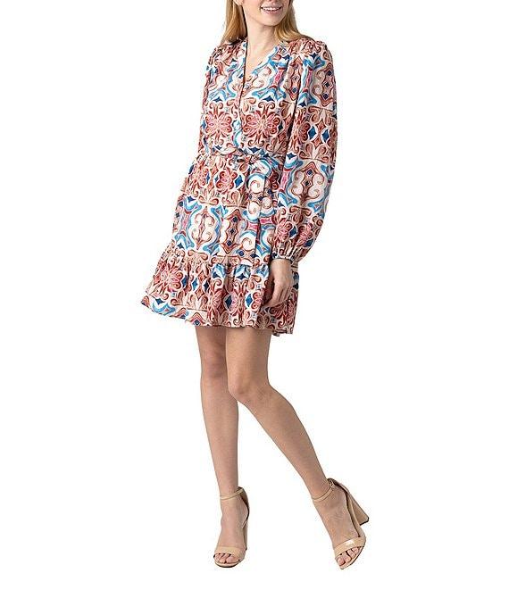 Sam Edelman Abstract Print V Neck Long Sleeve Waist Tie Belt Shirt Dress Product Image