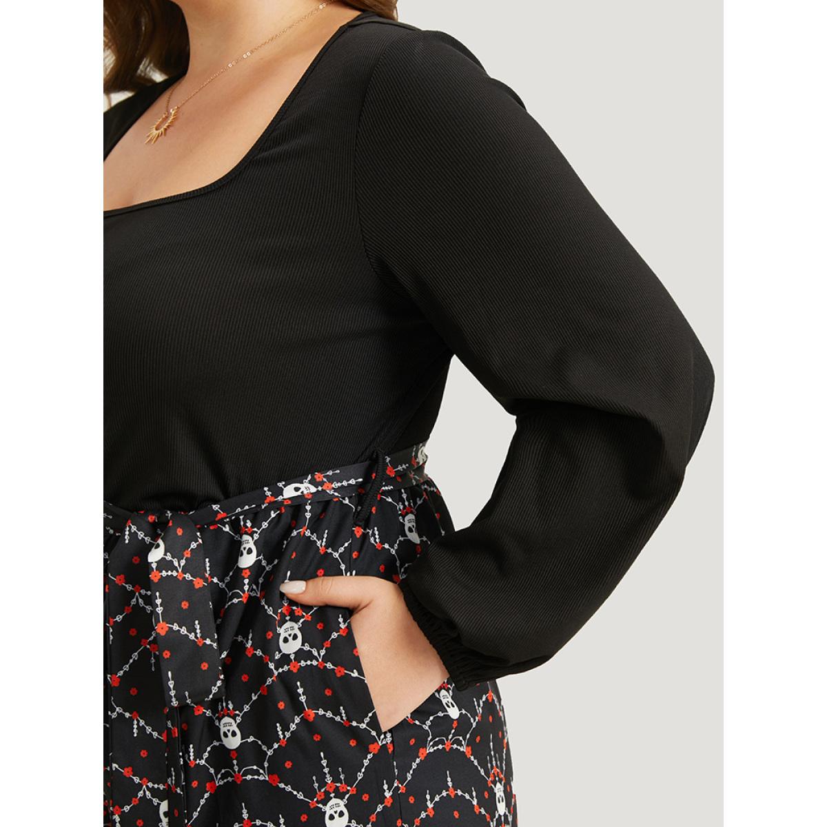 Plus Size Black Halloween Skull Print Patchwork Belted Jumpsuit Women Elegant Long Sleeve Square Neck Festival-Halloween Loose Jumpsuits BloomChic 26/4X Product Image