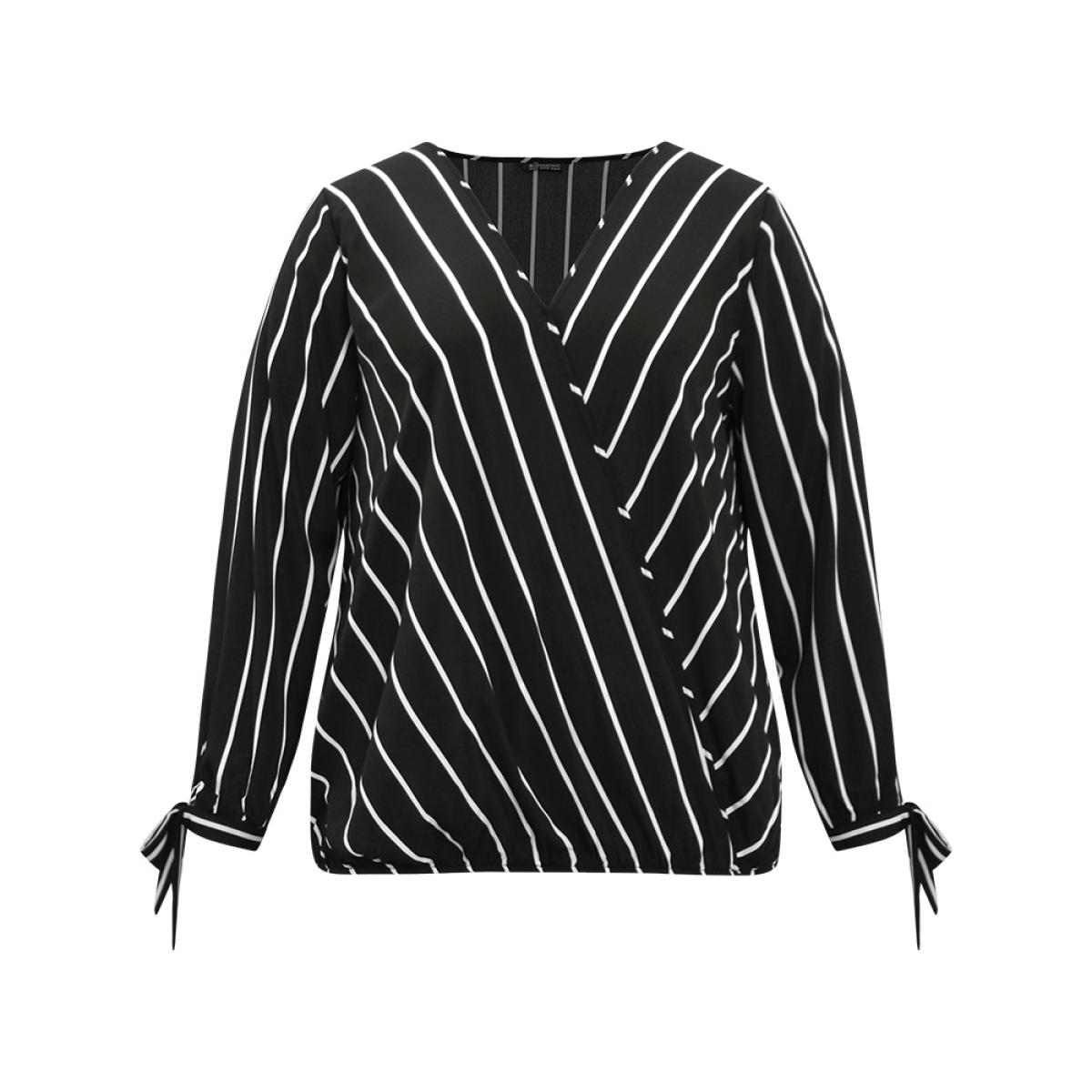 Plus Size Black Striped Bowknot Cuffs Surplice Neck Blouse Women Office Long Sleeve Overlap Collar Office Blouses BloomChic 14-16/1X Product Image
