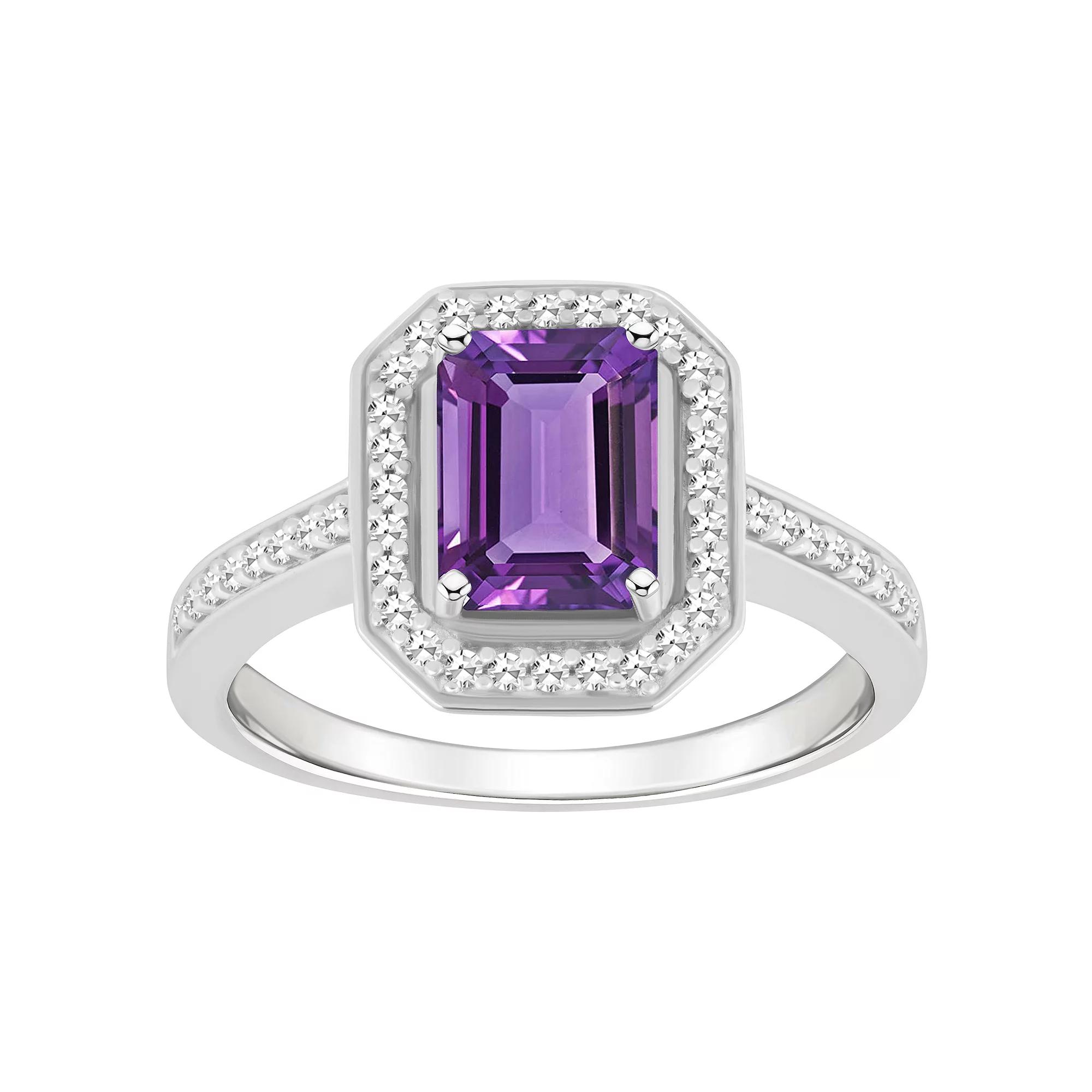 Celebration Gems Sterling Silver 8 mm x 6 mm Emerald Cut Gemstone & 1/5 Carat T.W. Diamond Halo Ring, Women's, Purple Product Image
