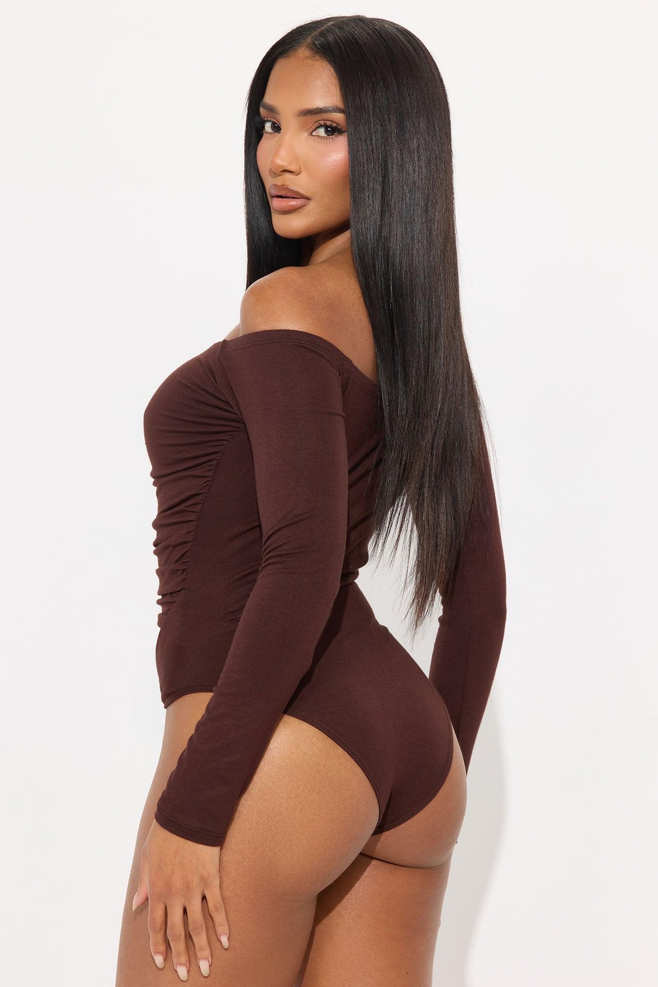 Gilda Off Shoulder Long Sleeve Bodysuit - Brown Female Product Image
