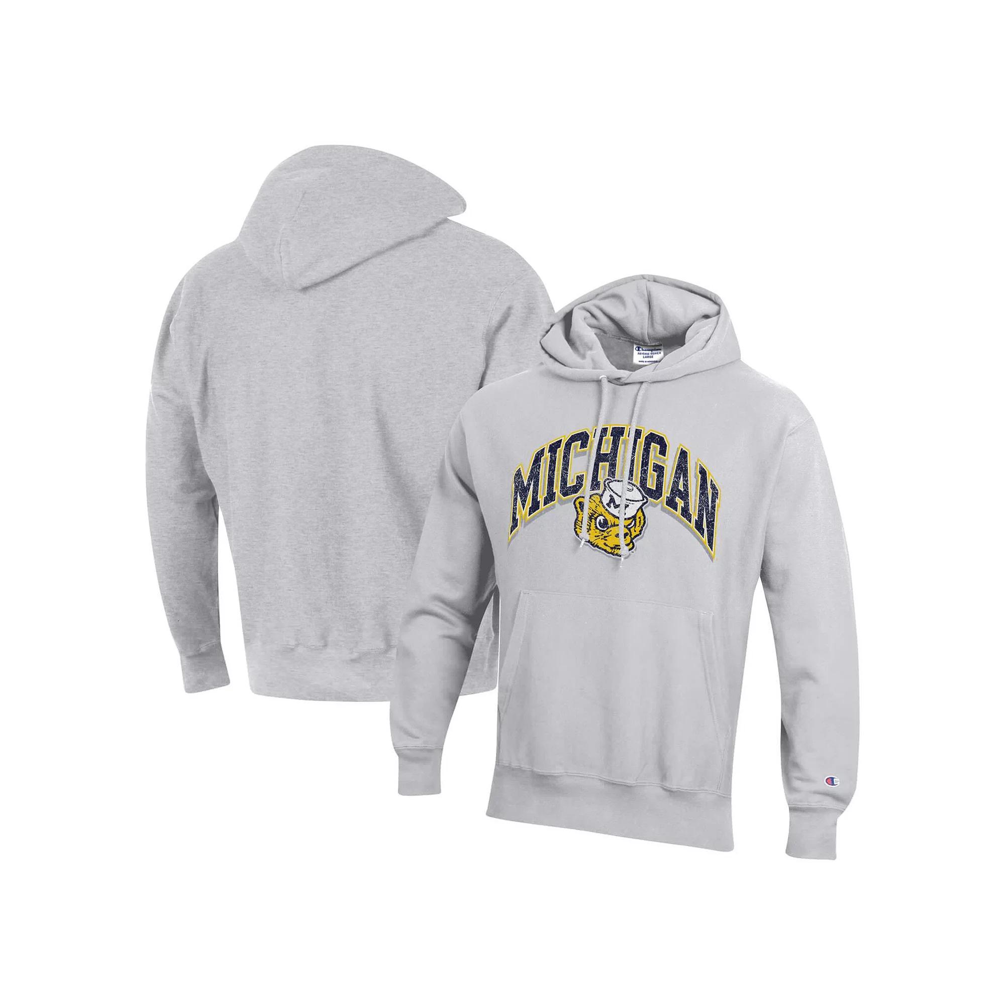 Men's Champion Heather Gray Michigan Wolverines Vault Late Night Reverse Weave Pullover Hoodie, Size: XL, Grey Product Image