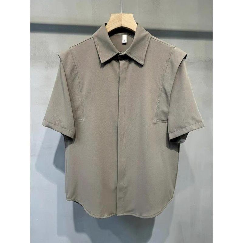 Short Sleeve Collared Plain Panel Shirt Product Image