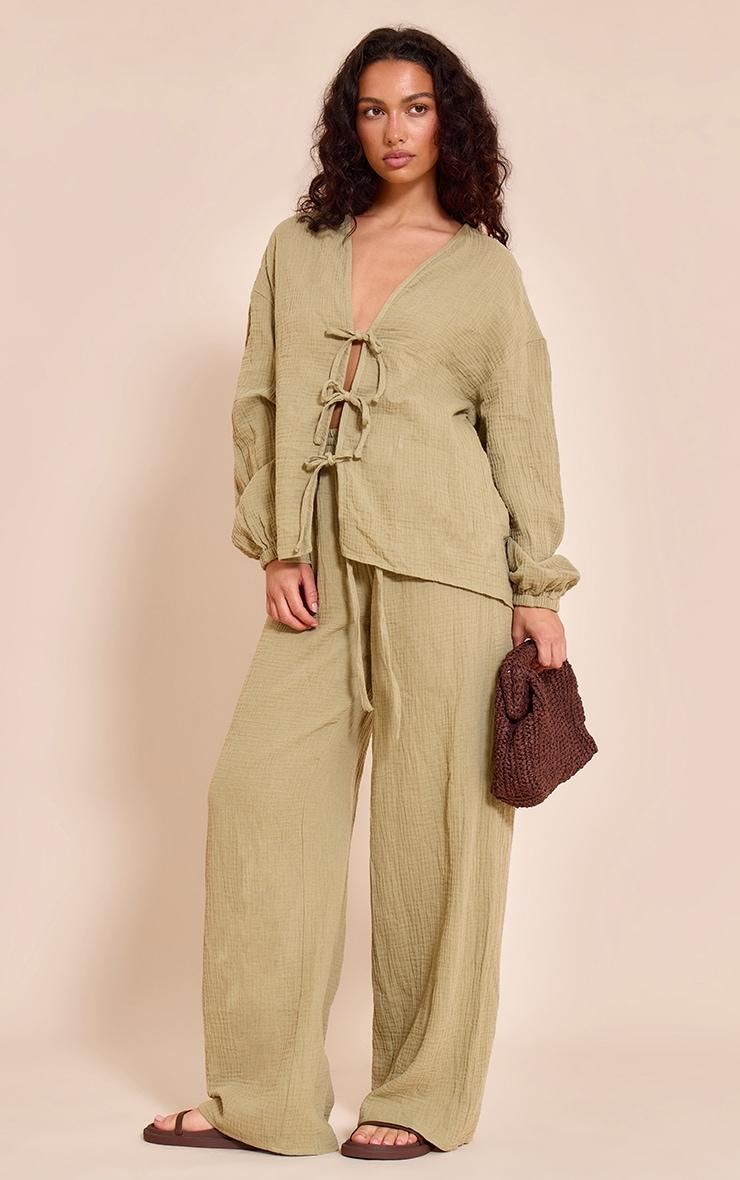 Khaki Cheesecloth Textured Tie Front Shirt Product Image