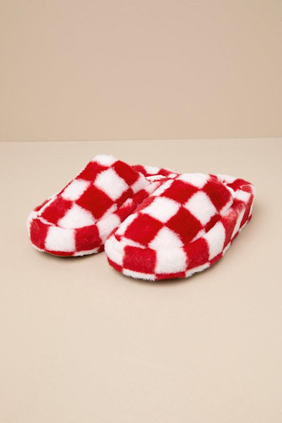 Socozee Red and White Checkered Faux Fur Flatform Slippers Product Image