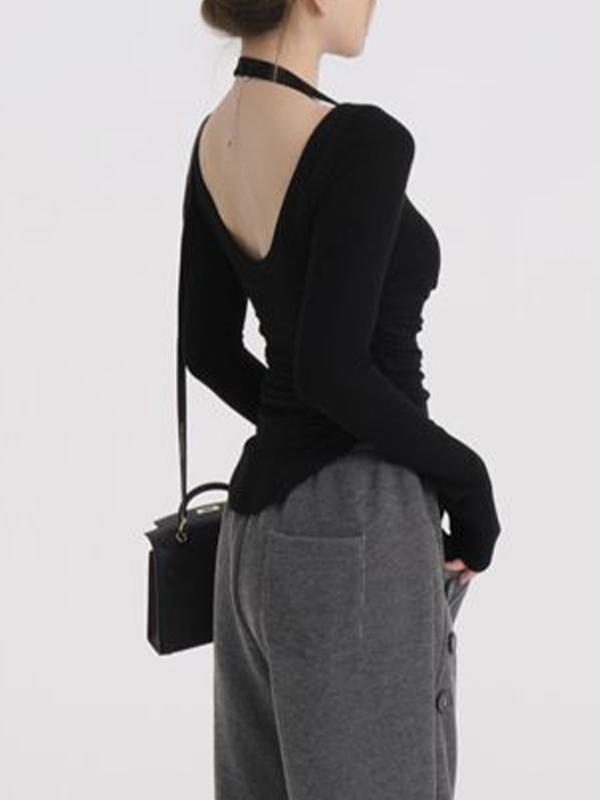 Solid Halter Backless Curvy Hem Long Sleeve Knit Product Image
