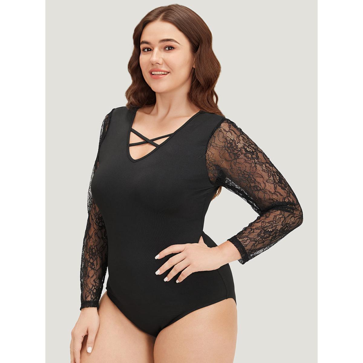 Plus Size Plain Lace Mesh Patchwork Crisscross Bodysuit Women Black Plain Patchwork Bodysuits BloomChic 28/5X Product Image