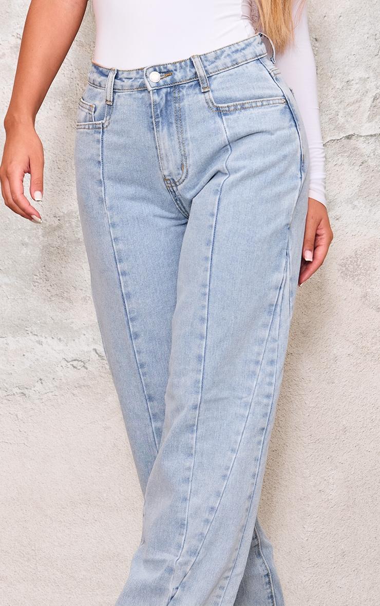 Light Blue Washed Front Seam Detail Wide Leg Jeans Product Image