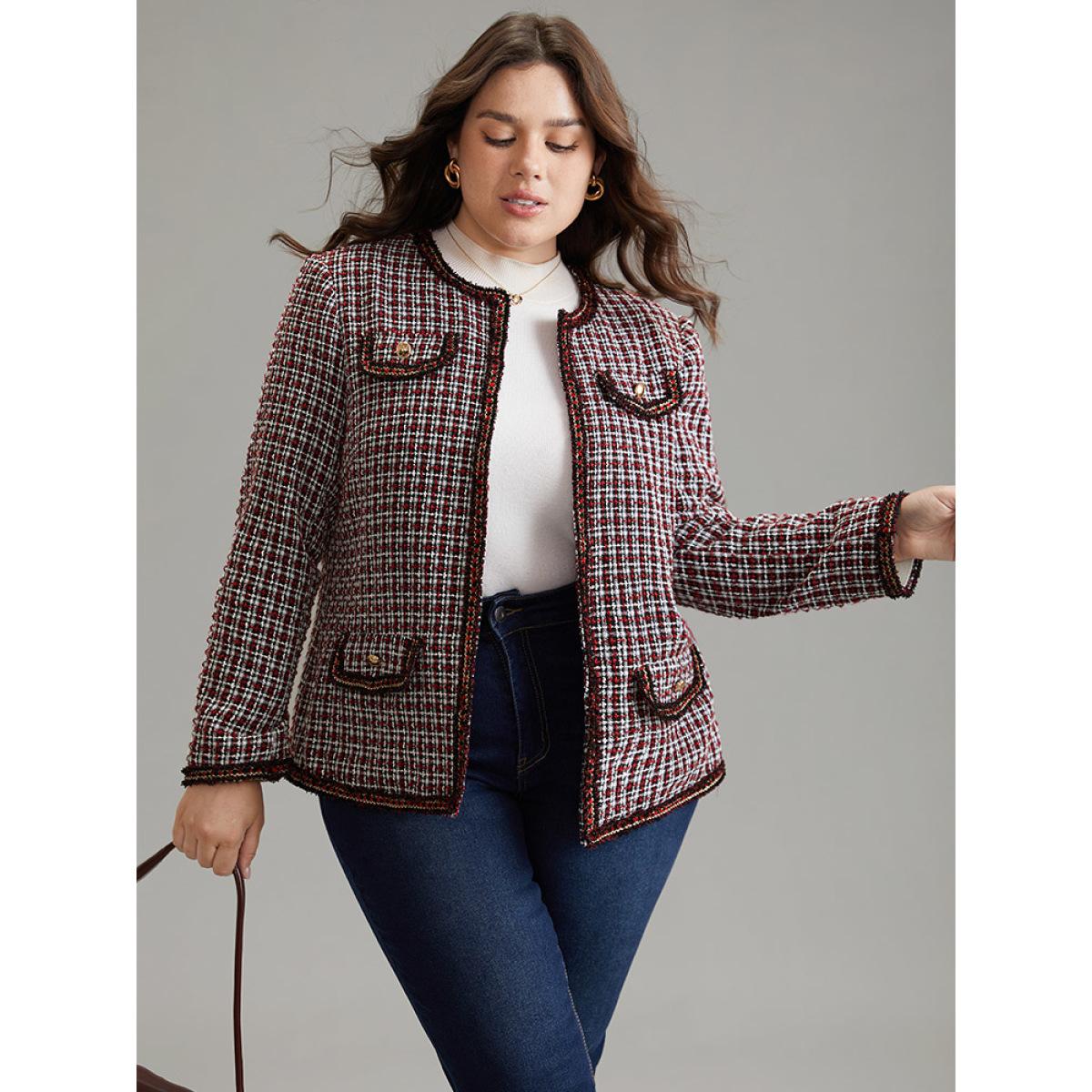 Plus Size Coarse Tweed Gingham Plisse Flap Pocket Blazer Women Scarlet Office Texture Ladies Office Winter Coats BloomChic 30/6X Product Image