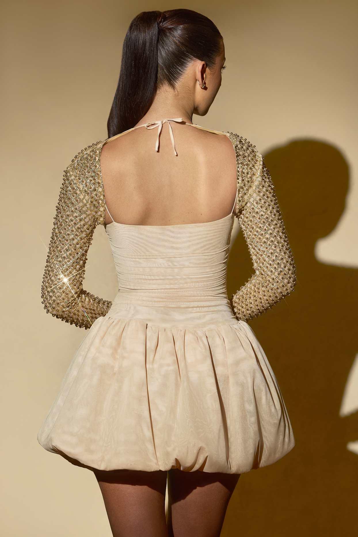 Embellished Bubble Hem Mini Dress in Gold Product Image
