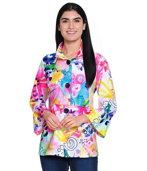 Ali Miles Petite Size Woven Abstract Wire Collar 3/4 Sleeve Button Front Jacket Product Image