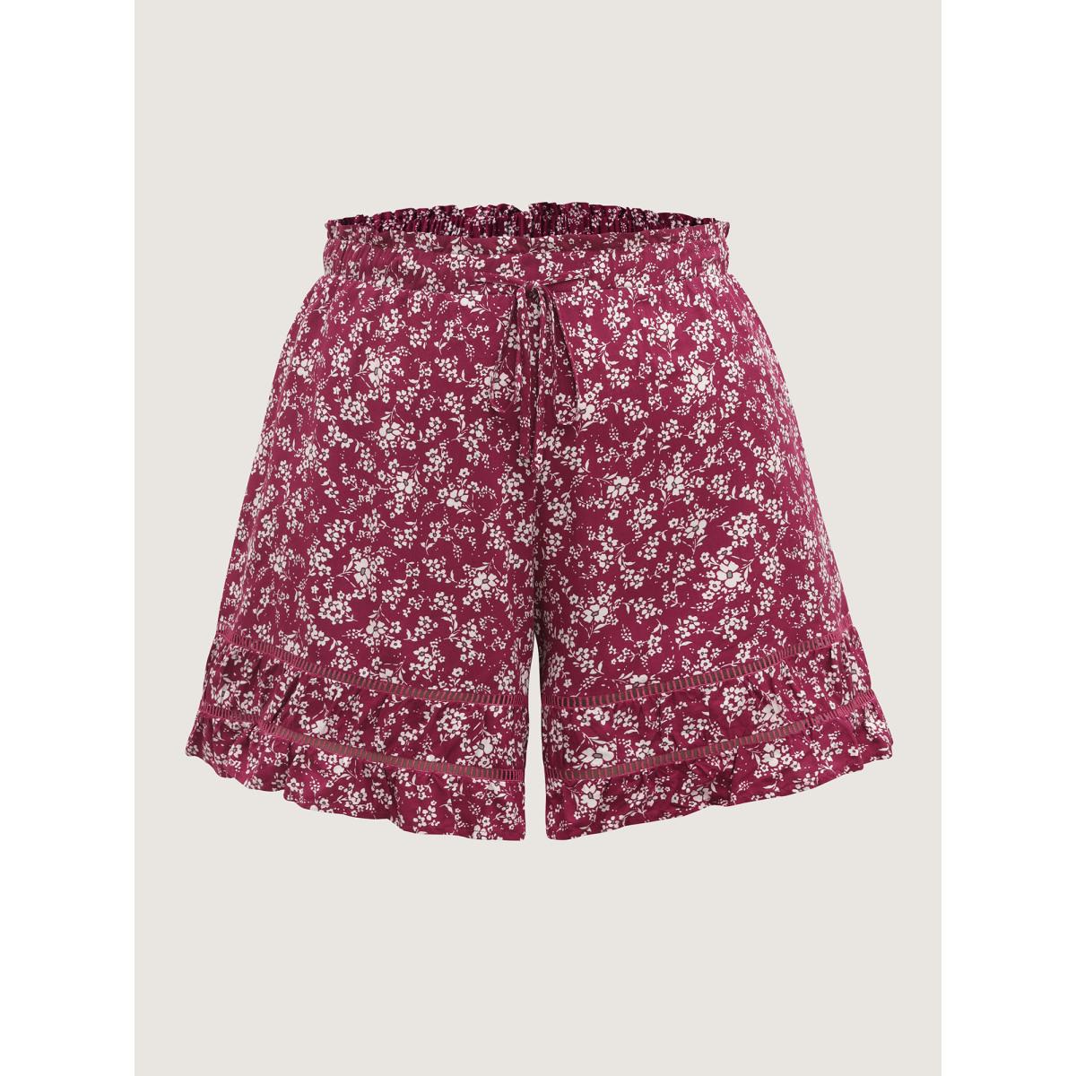 Plus Size Floral Waist-Tie Wide-Leg Shorts Women Burgundy Boho Patchwork Wide Leg Vacation Shorts BloomChic 28/5X Product Image