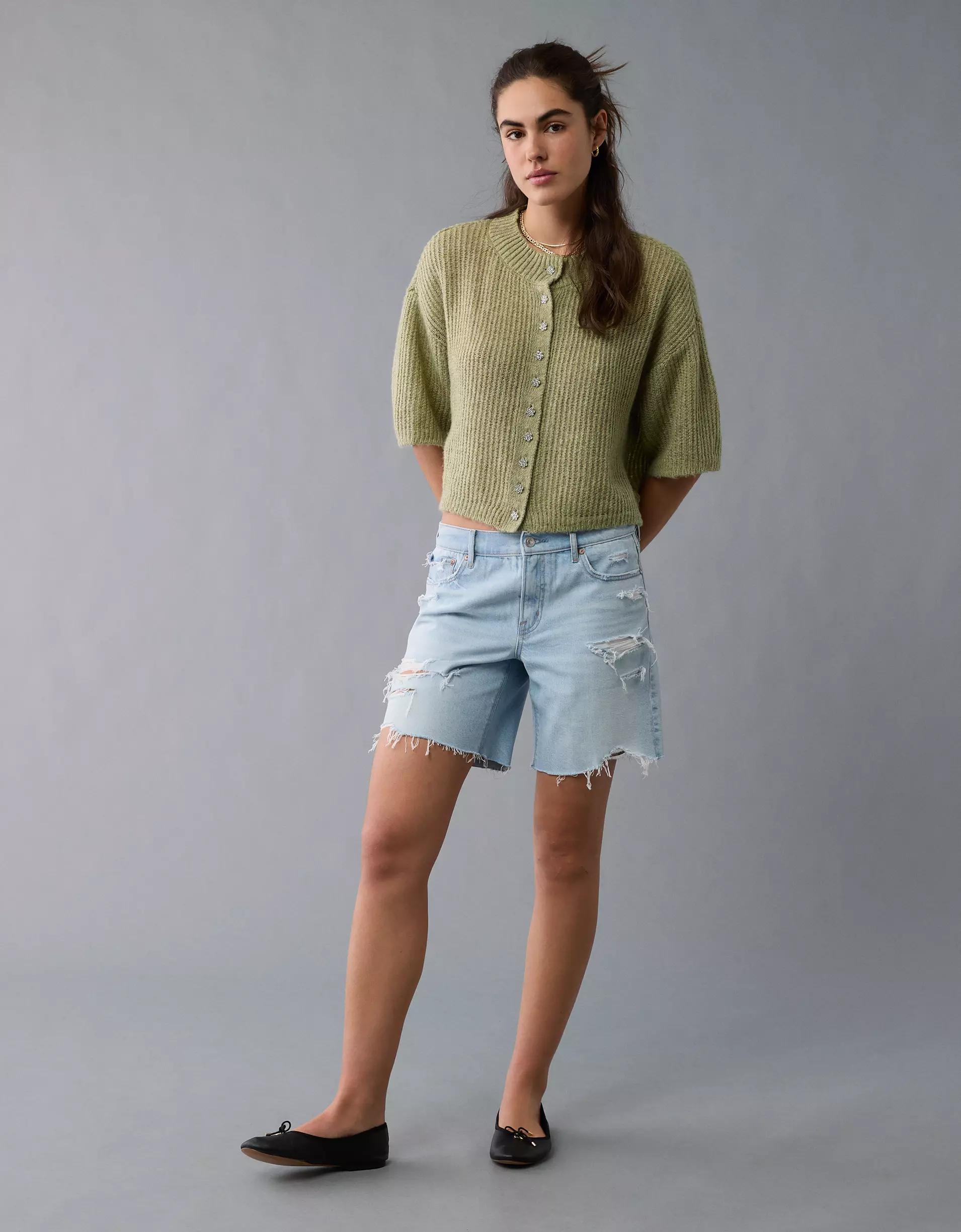 AE Short-Sleeve Crew Neck Cropped Cardigan Product Image