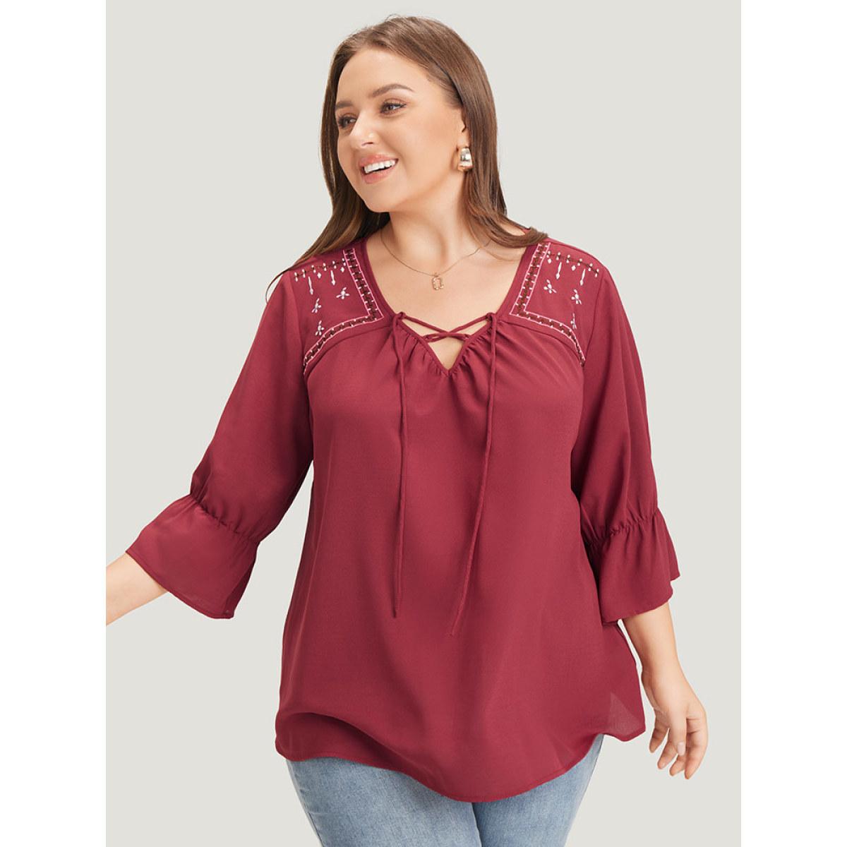 Plus Size Burgundy Plain Embroidered Lace Up Bell Sleeve Blouse Women Vacation Elbow-length sleeve V-neck Dailywear Blouses BloomChic 18-20/2X Product Image