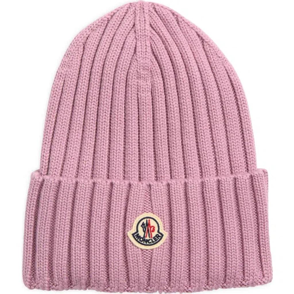 MONCLER Logo Patch Rib Wool Beanie In Purple Product Image